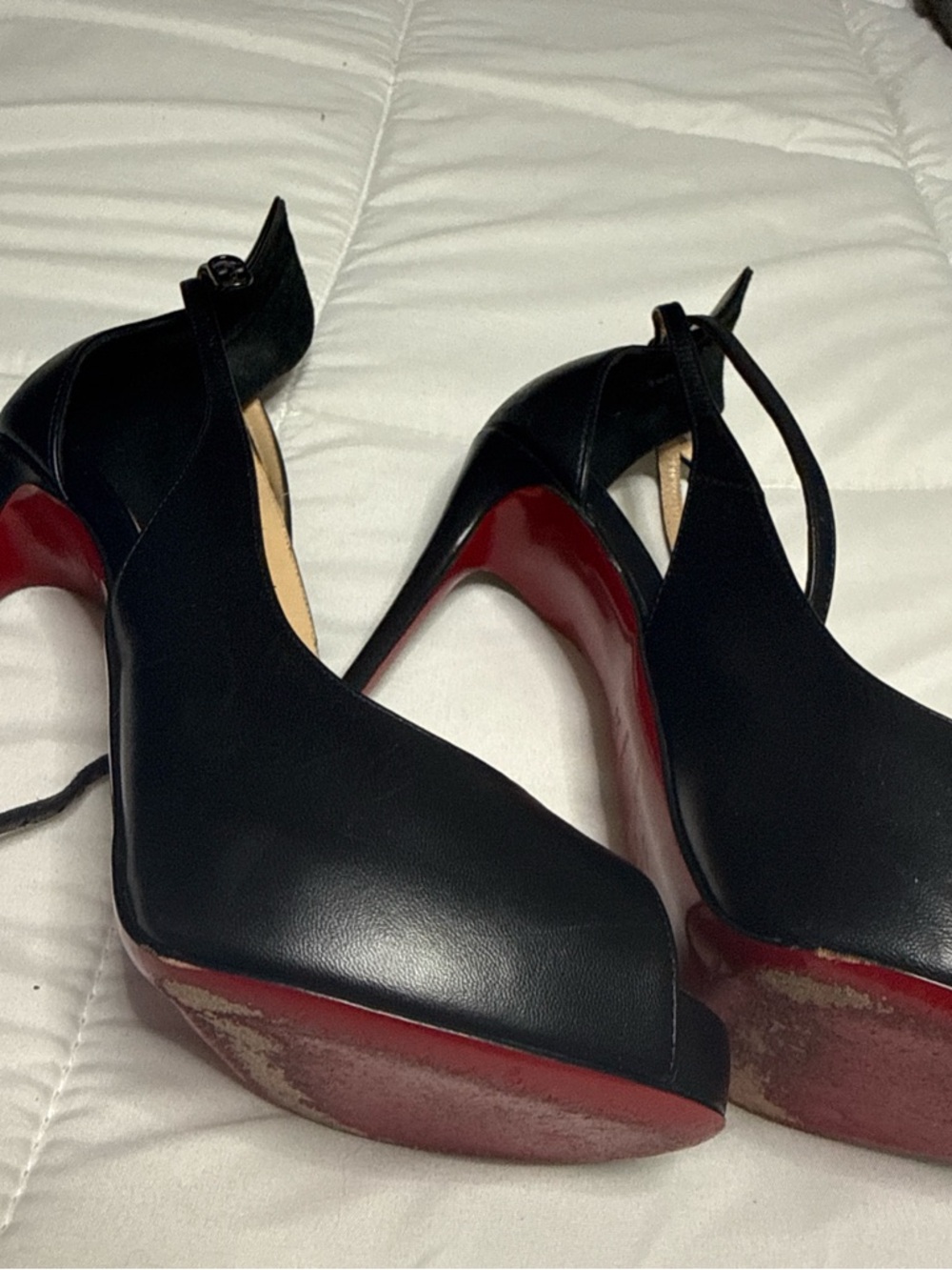 Christian Louboutin Black Leather Peep-Toe Platform Heels with Red Soles